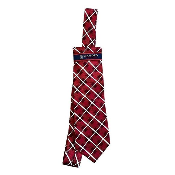 NWT STAFFORD PERFORMANCE Stain Resistant Red Plaid Tie - Picture 1 of 3